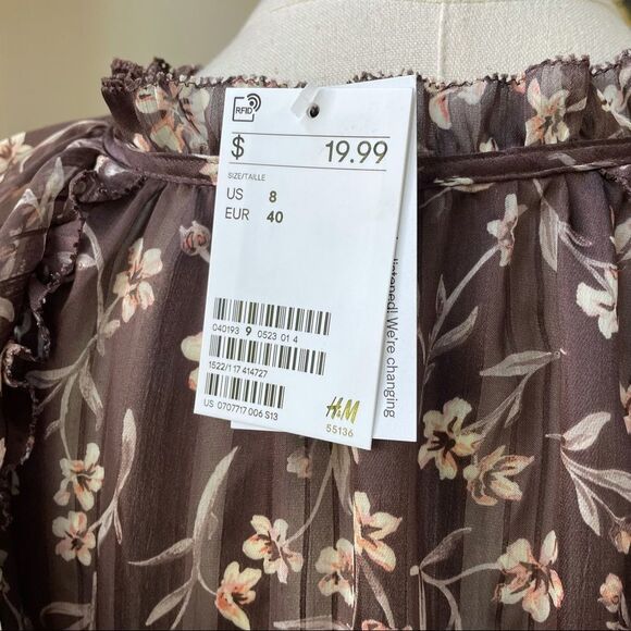 H&M Brown Floral Lightweight Chiffon Top 8 NWT - Picture 7 of 10